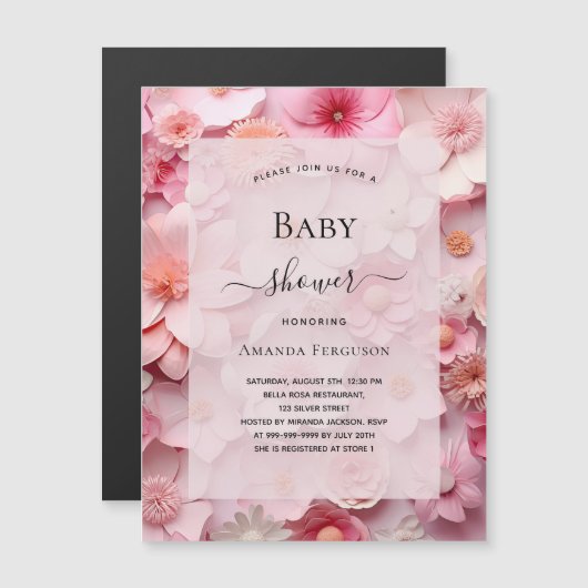 ベビーシャワー赤面ピンクの花ガールラグジュアリー マグネット招待状 (正面/裏面)