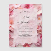 ベビーシャワー赤面ピンクの花ガールラグジュアリー マグネット招待状 (正面)