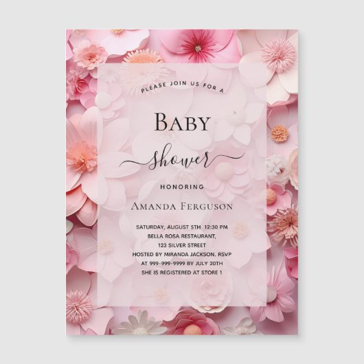 ベビーシャワー赤面ピンクの花ガールラグジュアリー マグネット招待状 (正面)