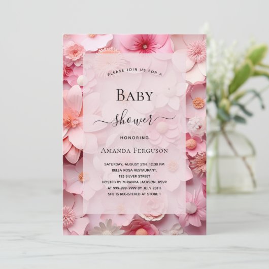 ベビーシャワー赤面ピンクの花ガール 招待状 (スタンド正面)