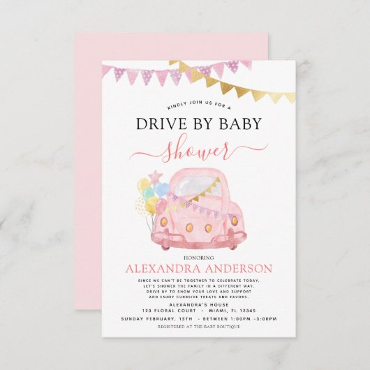ベビーシャワー赤面ピンクゴールドフォイルでドライブ 招待状 (正面/裏面)