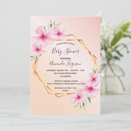 ベビーシャワー赤面ピンクフローラ金ゴールド幾何学模様 招待状 (スタンド正面)