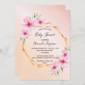 ベビーシャワー赤面ピンクフローラ金ゴールド幾何学模様 招待状 (正面/裏面)