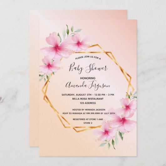 ベビーシャワー赤面ピンクフローラ金ゴールド幾何学模様 招待状 (正面/裏面)