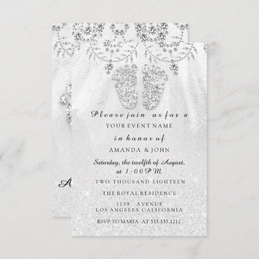 ベビーシャワー足ガールシルバーゲイ王室のボーイ 招待状 (正面/裏面)