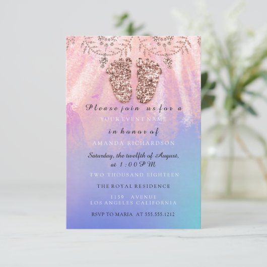 ベビーシャワー足ガールボーイ王室のバラグリッタースキン 招待状 (スタンド正面)