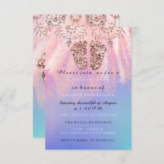 ベビーシャワー足ガールボーイ王室のバラグリッタースキン 招待状 (正面/裏面)