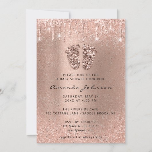 ベビーシャワー足グリッターバラグリッタードリップボーイガール 招待状 (正面)