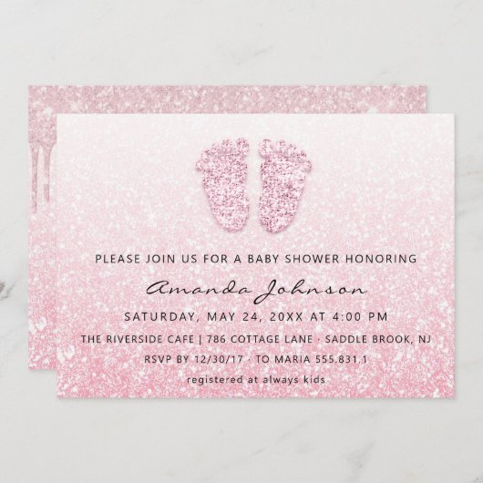 ベビーシャワー足グリッターバラピンクドリップスオンブルガール 招待状 (正面/裏面)