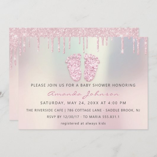 ベビーシャワー足グリッターバラピンクドリップスボーイガール 招待状 (正面/裏面)