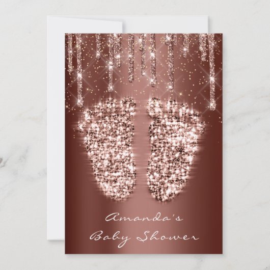 ベビーシャワー足グリッター金ゴールドブラウンドリップスボーイガール 招待状 (裏面)