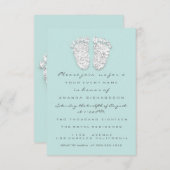 ベビーシャワー足シルバーガールボーイグレーアクア 招待状 (正面/裏面)