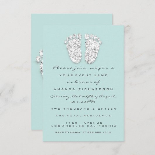 ベビーシャワー足シルバーガールボーイグレーアクア 招待状 (正面/裏面)