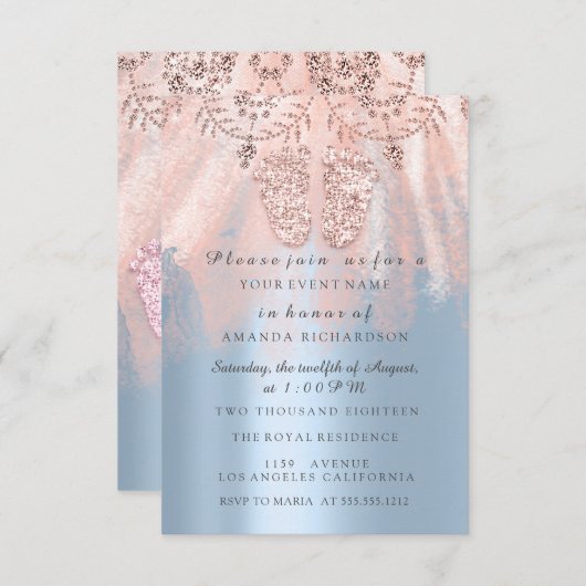 ベビーシャワー足シルバーガールボーイ王室のツインズグラム 招待状 (正面/裏面)