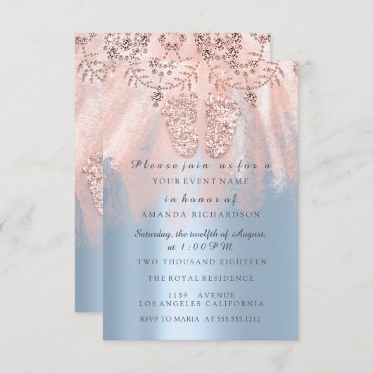 ベビーシャワー足シルバーガールボーイ王室のツインズ 招待状 (正面/裏面)