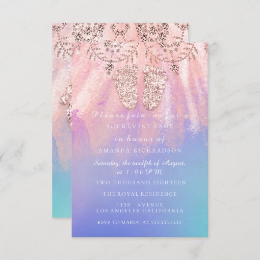 ベビーシャワー足シルバーガールボーイ王室のバラピンク 招待状 (正面/裏面)