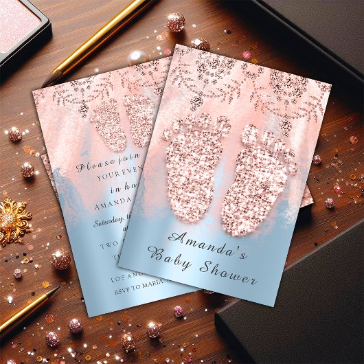 ベビーシャワー足シルバーガールボーイ王室のバラブルー 招待状