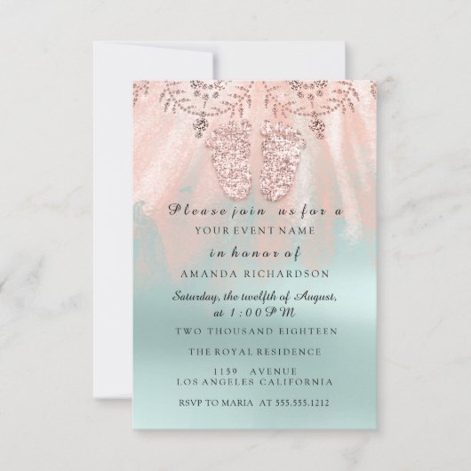 ベビーシャワー足シルバーガールボーイ王室のバラミント 招待状 (正面)