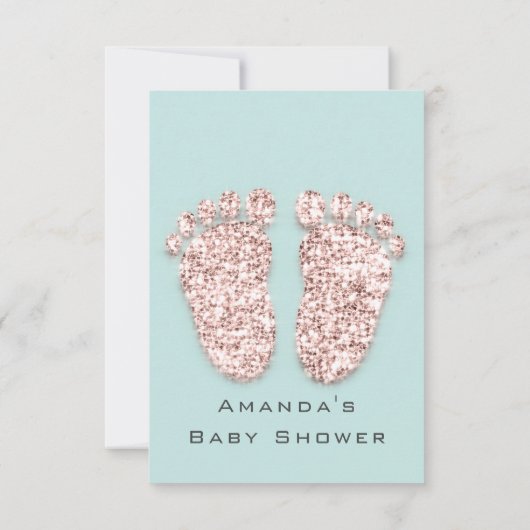 ベビーシャワー足シルバーガールボーミントバラグリッター 招待状 (裏面)