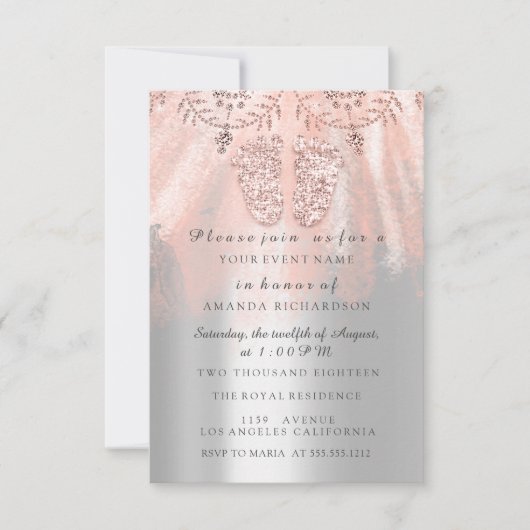 ベビーシャワー足シルバーガール王室のバラレースピンク 招待状 (正面)