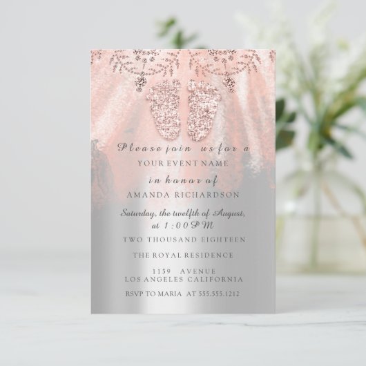 ベビーシャワー足シルバーガール王室のバラレースピンク 招待状 (スタンド正面)