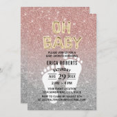 ベビーシャワー足プリントバラ金ゴールド&シルバーグリッター 招待状 (正面/裏面)