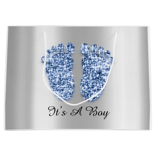 ベビーシャワー足ボーイブルーネイビーシルバー ラージペーパーバッグ (正面)