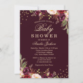 ベビーシャワー金ゴールドバーガンディフローラスパークル 招待状 (正面)