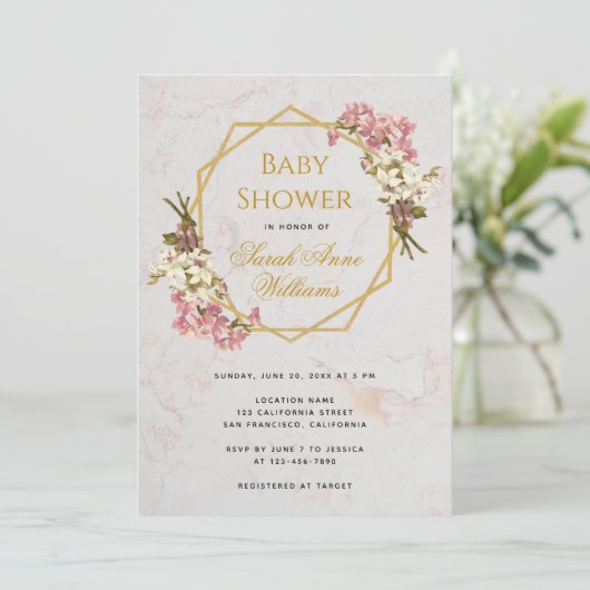 ベビーシャワー金ゴールドピンクの蘭フローラ幾何学模様 招待状 (スタンド正面)