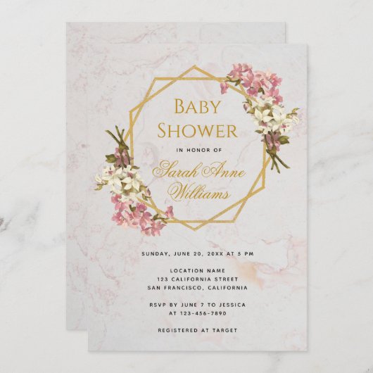 ベビーシャワー金ゴールドピンクの蘭フローラ幾何学模様 招待状 (正面/裏面)