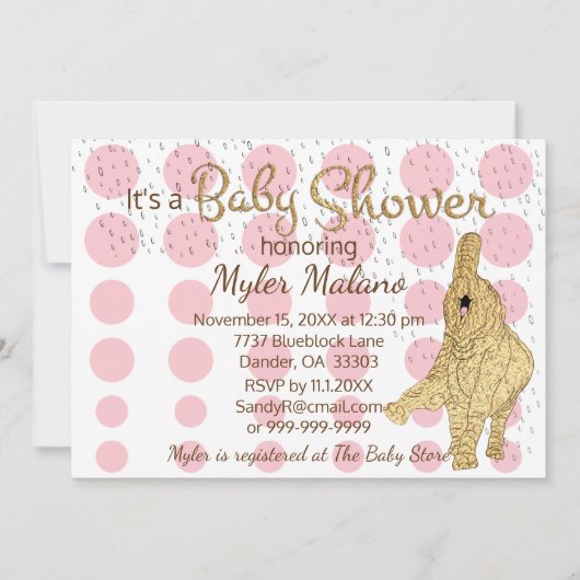 ベビーシャワー金ゴールドピンクホワイトベビーゾウ 招待状 (正面)