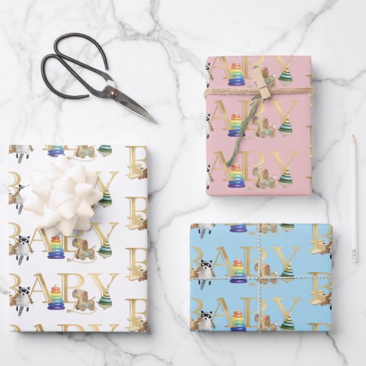 ベビーシャワー金ゴールドフォントヴィンテージ玩具 ラッピングペーパーシート (正面)