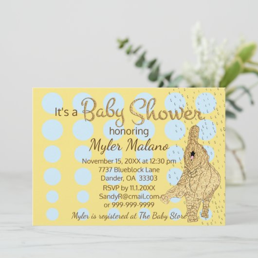 ベビーシャワー金ゴールドブルーベビーエレファントブルー 招待状 (スタンド正面)