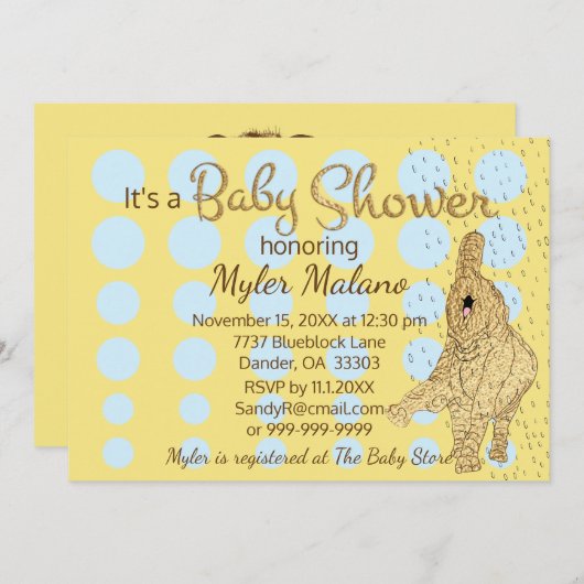 ベビーシャワー金ゴールドブルーベビーエレファントブルー 招待状 (正面/裏面)