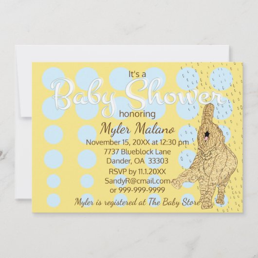 ベビーシャワー金ゴールドベビーエレファントブルー 招待状 (正面)