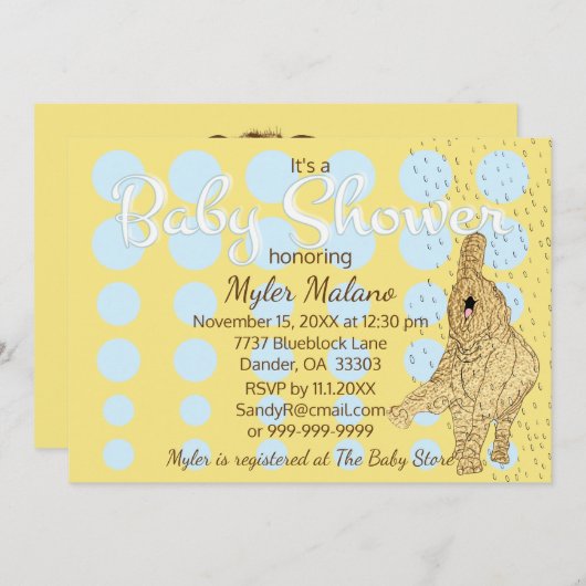 ベビーシャワー金ゴールドベビーエレファントブルー 招待状 (正面/裏面)