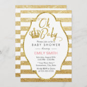 ベビーシャワー金ゴールドモダンクラウン金ゴールドストライプグリッター 招待状 (正面/裏面)