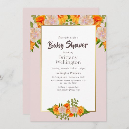 ベビーシャワー金ゴールド赤面ピンクオレンジフローラ 招待状 (正面/裏面)