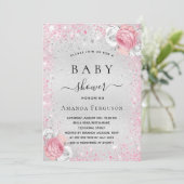 ベビーシャワー銀グリッターピンクの女の子フローラ 招待状 (スタンド正面)
