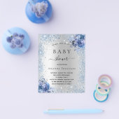 ベビーシャワー銀グリッターフローラブルー招待 チラシ (シングル)