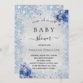 ベビーシャワー銀グリッター花模様ブルーボーイ 招待状 (正面/裏面)