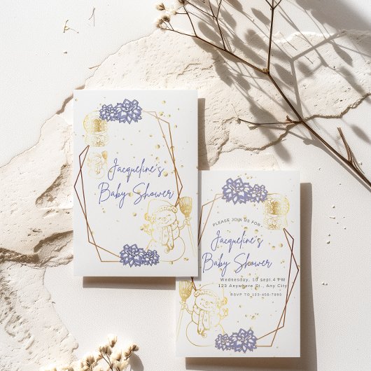 ベビーシャワー雪だるまパープルテーマ招待状カード ノートカード