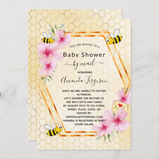 ベビーシャワー電子ビー黄色のフローラ女の子にメールmom 招待状 (正面/裏面)