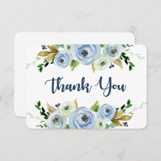 ベビーシャワー青の水彩フローラサンキューカード サンキューカード (正面/裏面)