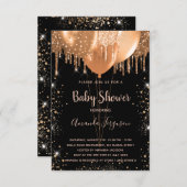 ベビーシャワー黒金ゴールドグリッターダスト 招待状 (正面/裏面)