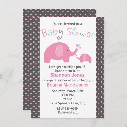 ベビーシャワー2ピンクゾウ水玉模様招待状 招待状 (正面/裏面)