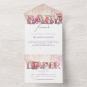 ベビーシャワー&おむつラッフルピンクフローラ金ゴールド オールインワン招待状 (内側)
