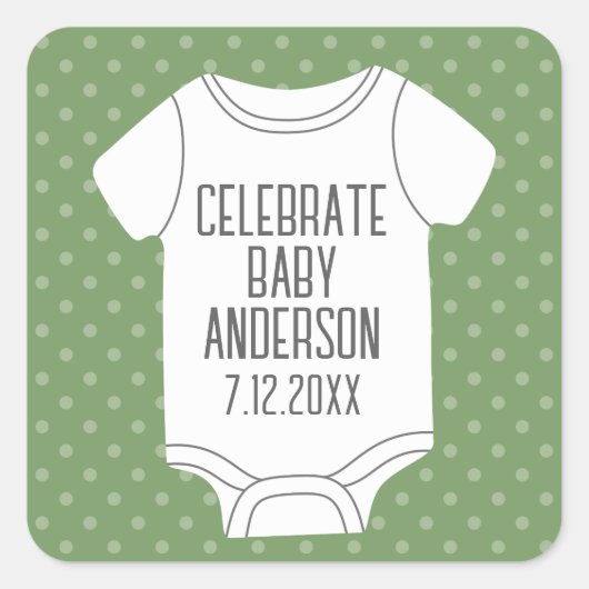 ベビーシャワー – かわいいグリーン水玉模様 スクエアシール (正面)