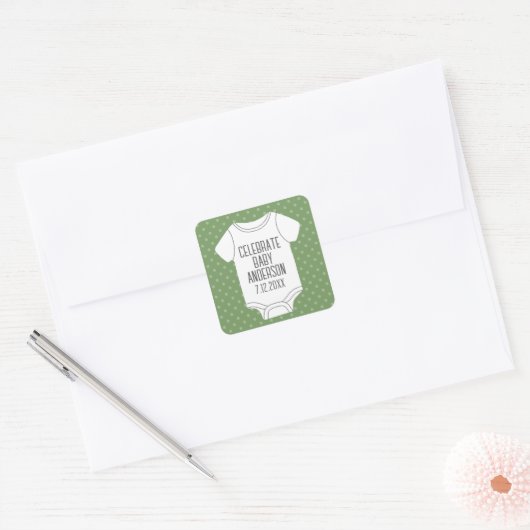 ベビーシャワー – かわいいグリーン水玉模様 スクエアシール (封筒)