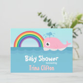 ベビーシャワー-かわいいベビーピンククジラと虹 招待状 (スタンド正面)